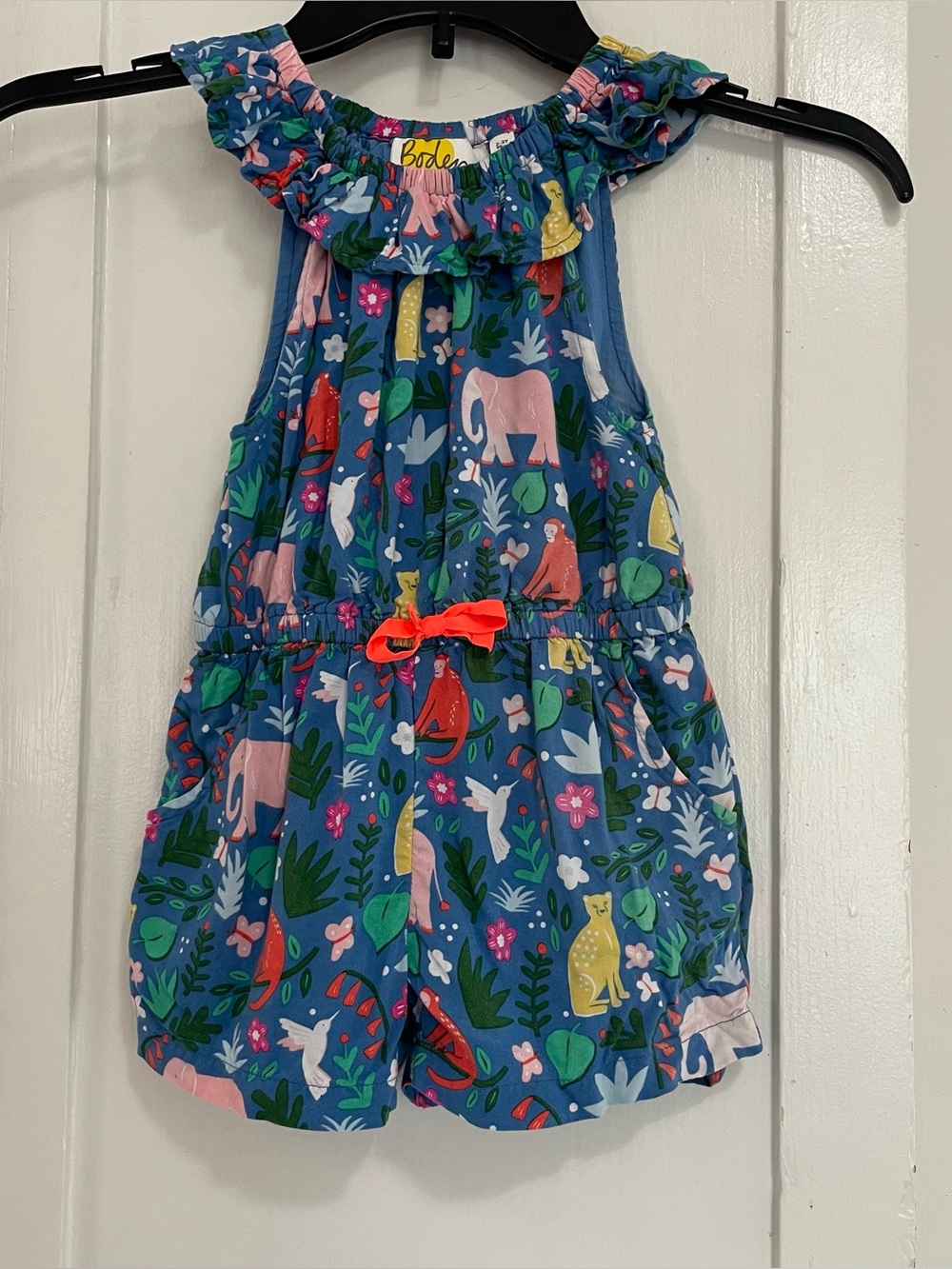 Boden Girls' Blue Jungle Animal Print Romper with Neon Drawstring 2-3 years